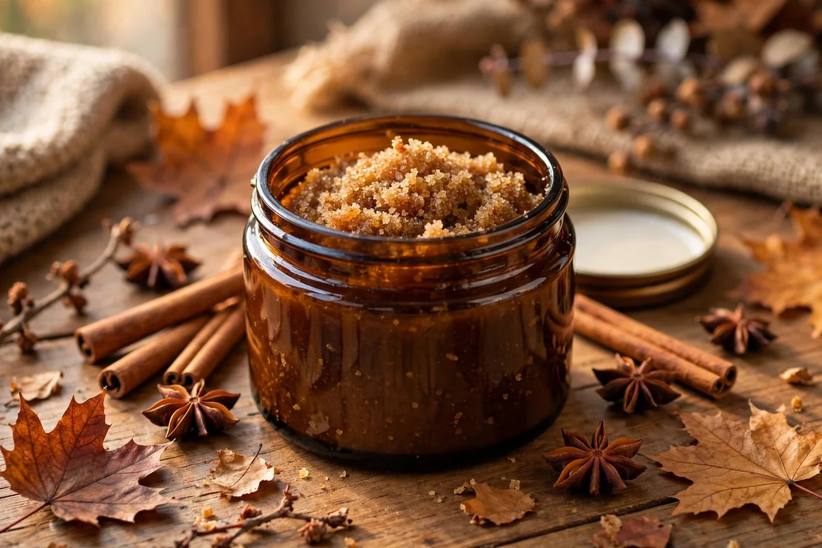 Amber jar of autumn sugar scrub with cinnamon sticks