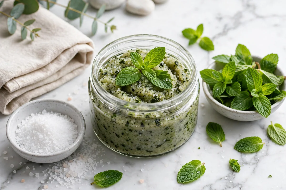Glass jar of mint foot scrub with fresh mint leaves