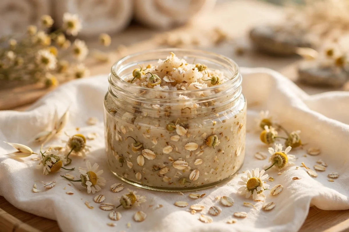 Glass jar of chamomile oat scrub with dried flowers