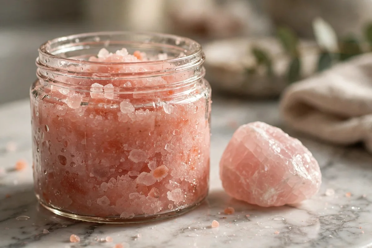 Glass jar of pink Himalayan salt scrub with sparkling crystals