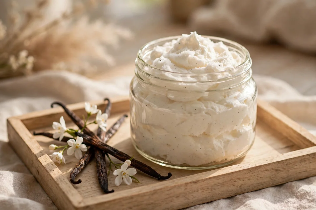 Glass jar of vanilla bean sugar whip with vanilla pods