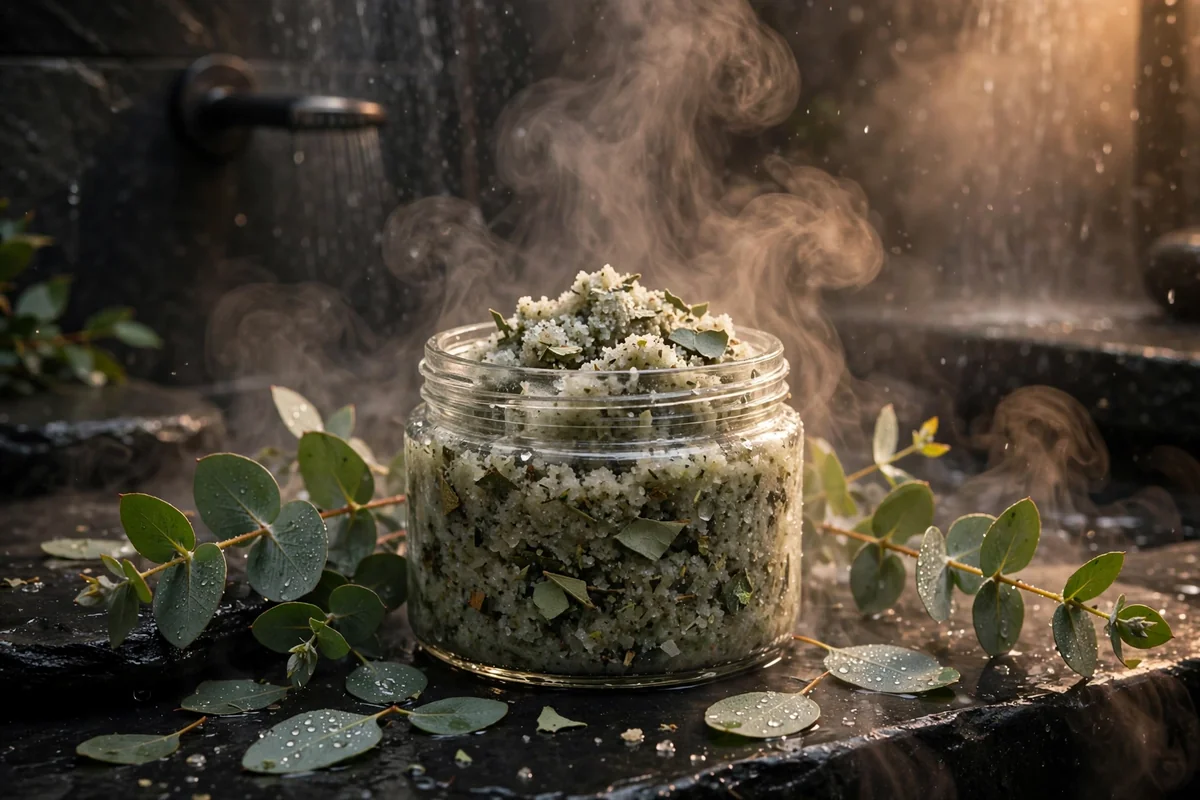 Glass jar of eucalyptus scrub with steam in a shower setting
