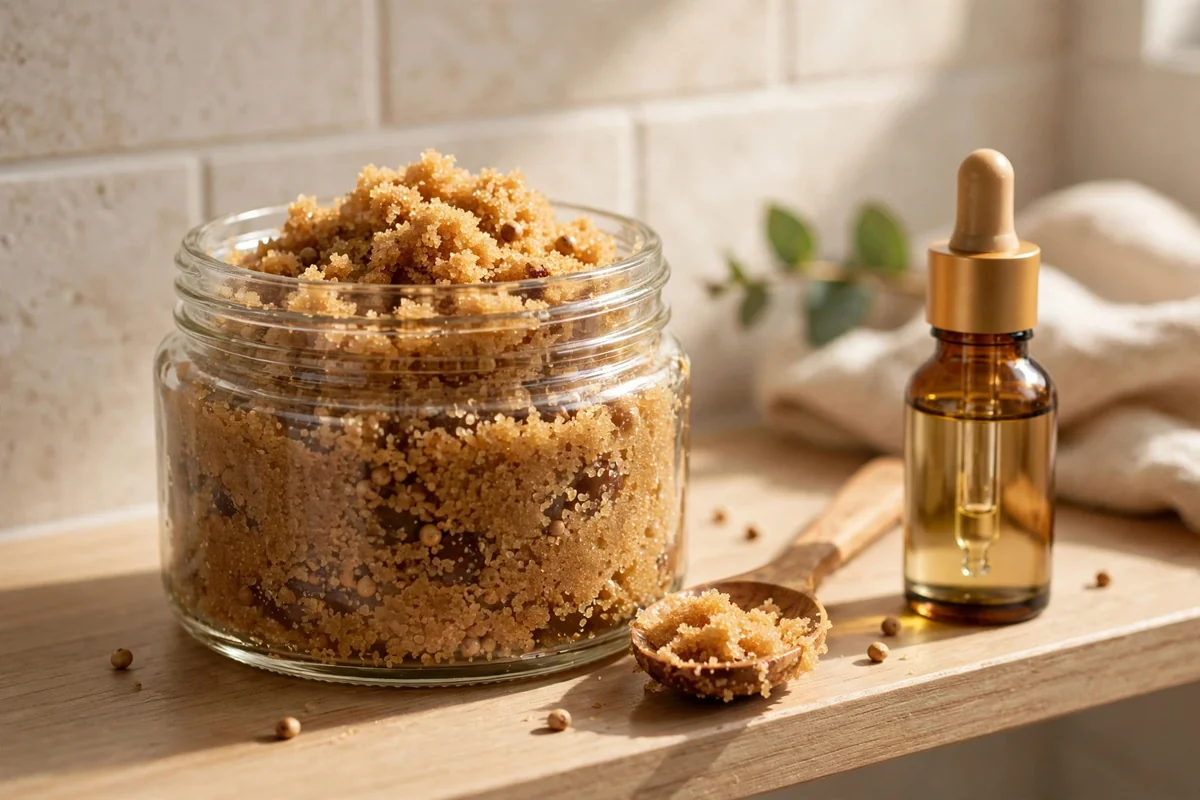 Glass jar of brown sugar jojoba scrub with oil bottle