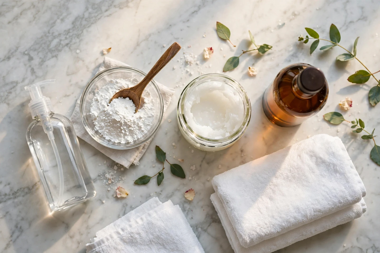 Flat lay of natural DIY hair color fading ingredients on a marble bathroom counter