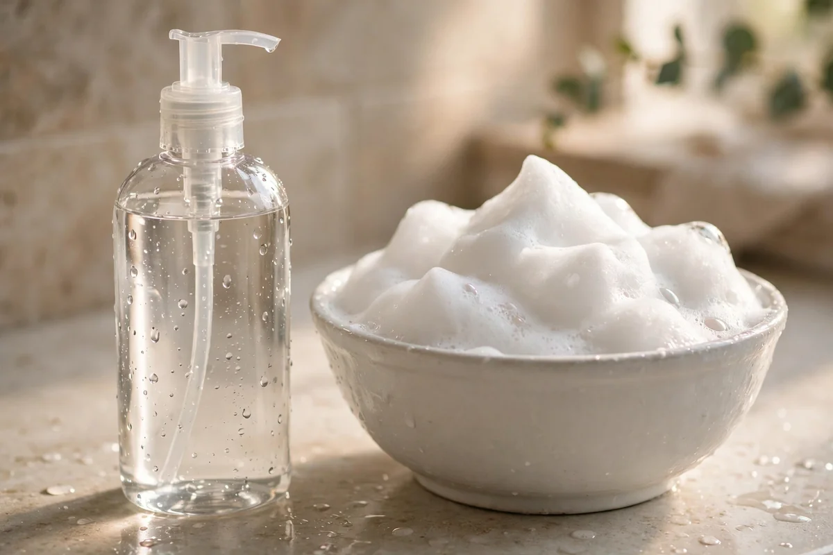 Clarifying shampoo bottle beside a bowl of rich lather on a bathroom counter