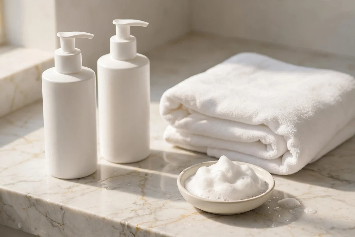 Two shampoo bottles and a folded towel arranged for a double cleanse routine