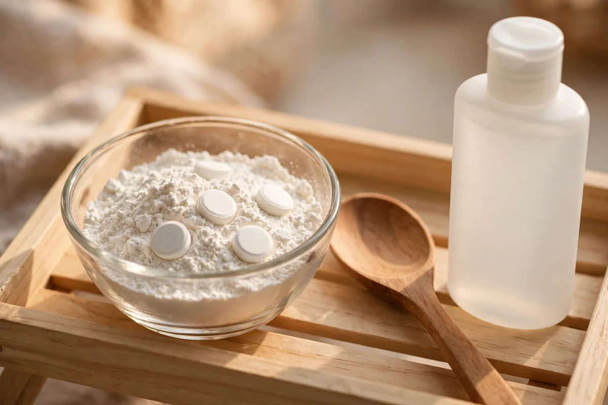 Glass bowl of crushed vitamin C powder with a wooden spoon and shampoo bottle