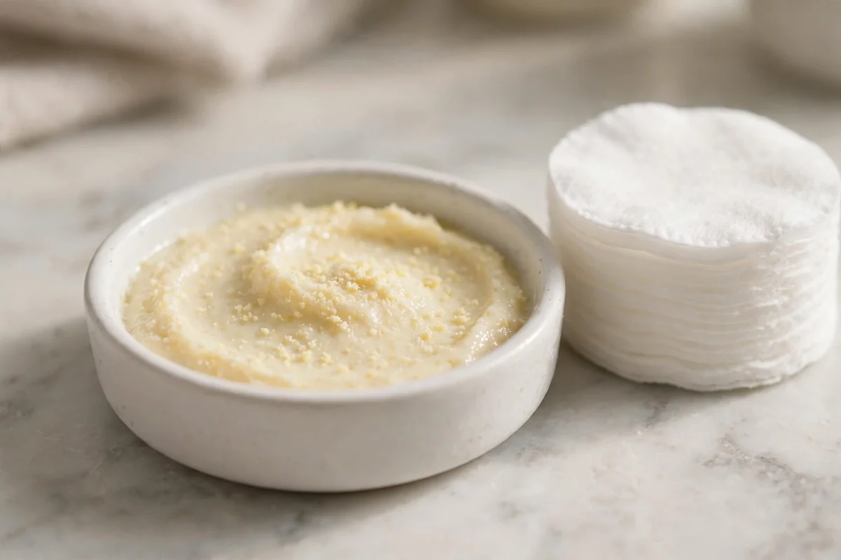 Small dish of vitamin C paste with cotton pads for targeted fading