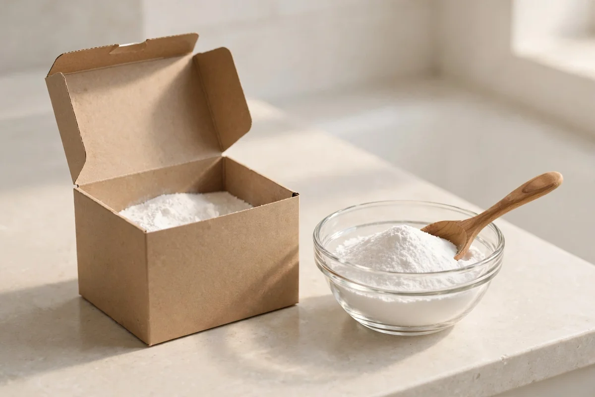 Open box of baking soda with a bowl of powder and wooden spoon