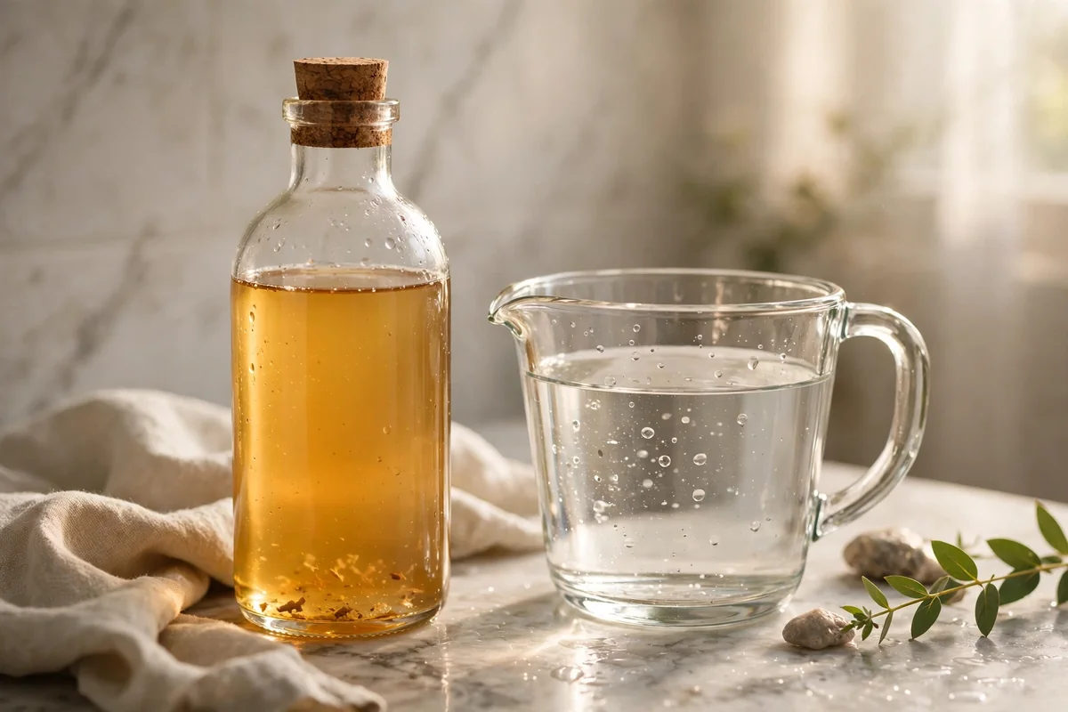 Bottle of apple cider vinegar beside a measuring cup of water