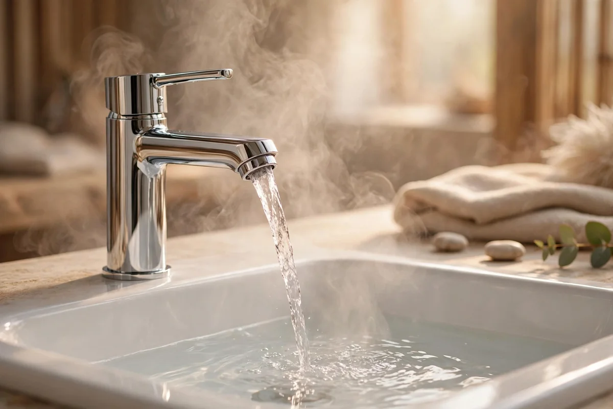Warm water streaming from a modern bathroom faucet into a white sink