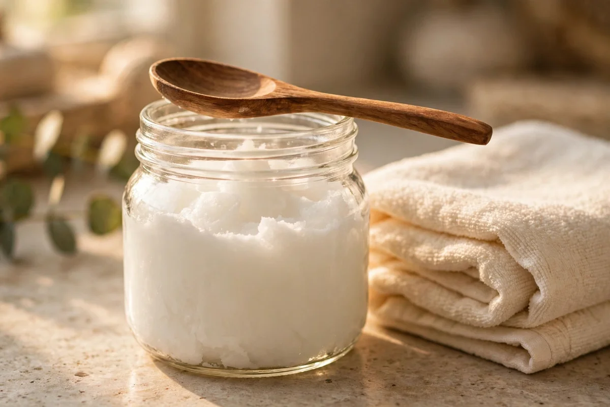Open jar of coconut oil with a wooden spoon beside a folded towel