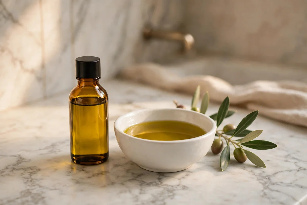 Amber bottle of olive oil beside a bowl of golden oil on marble