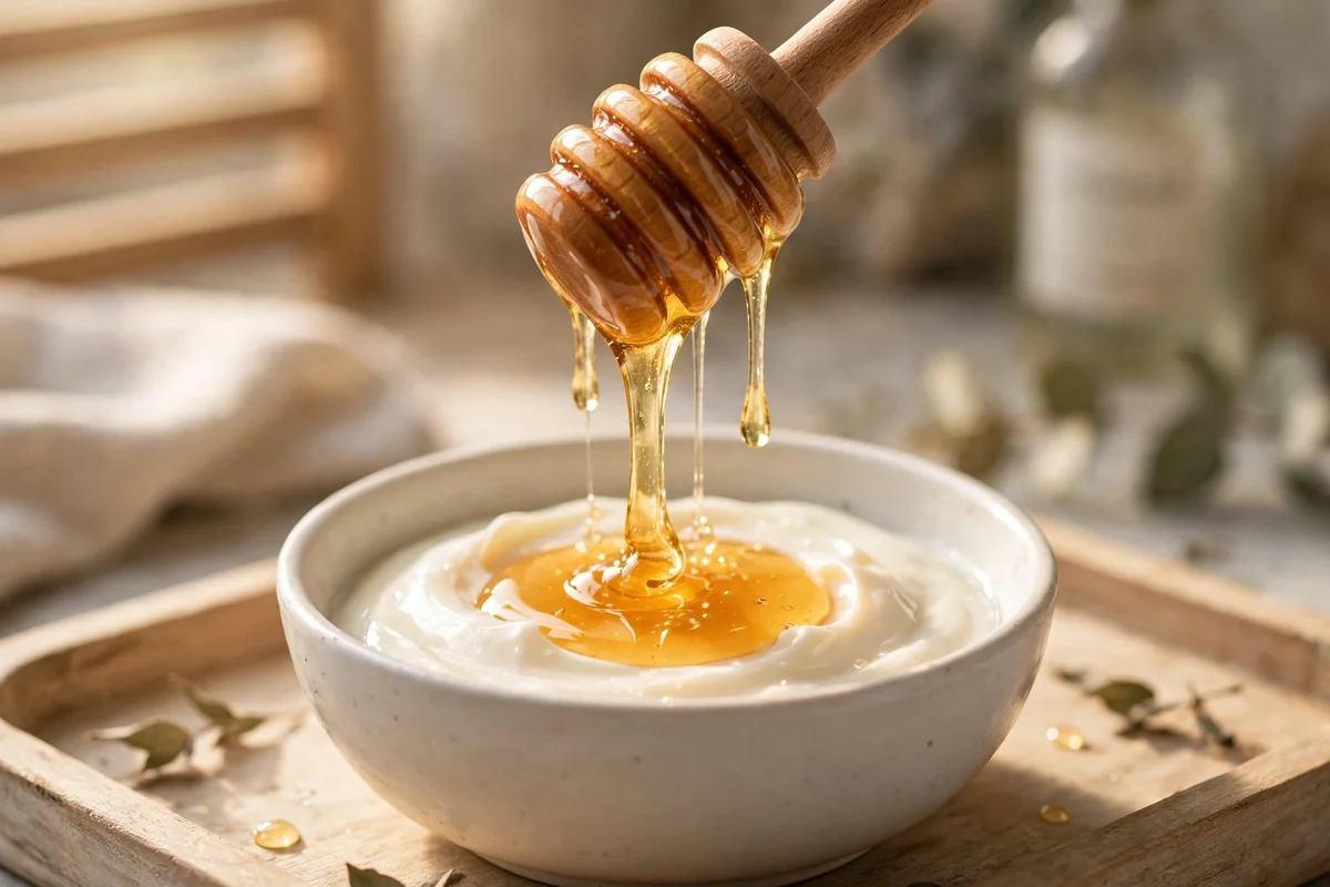Wooden honey dipper drizzling honey into a bowl of conditioner