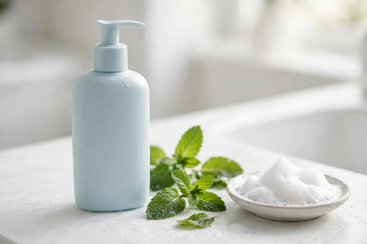 Pale blue shampoo bottle with mint leaves and a dish of lather