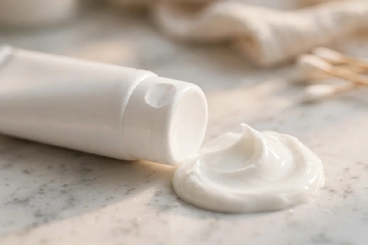 White conditioner tube beside a dollop of conditioning cream