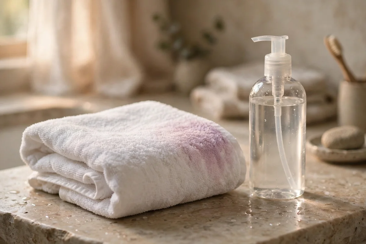 Folded towel with a faint tint of released hair color beside shampoo
