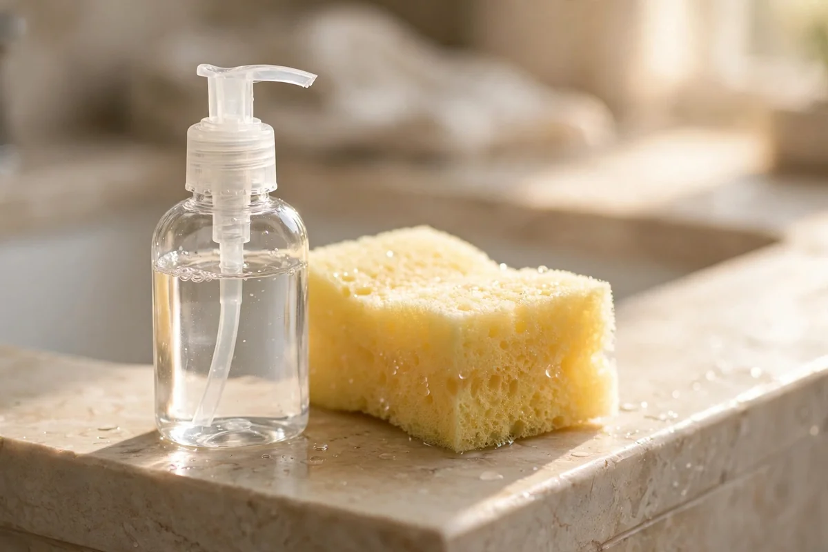 Small bottle of clear dish soap beside a soft sponge