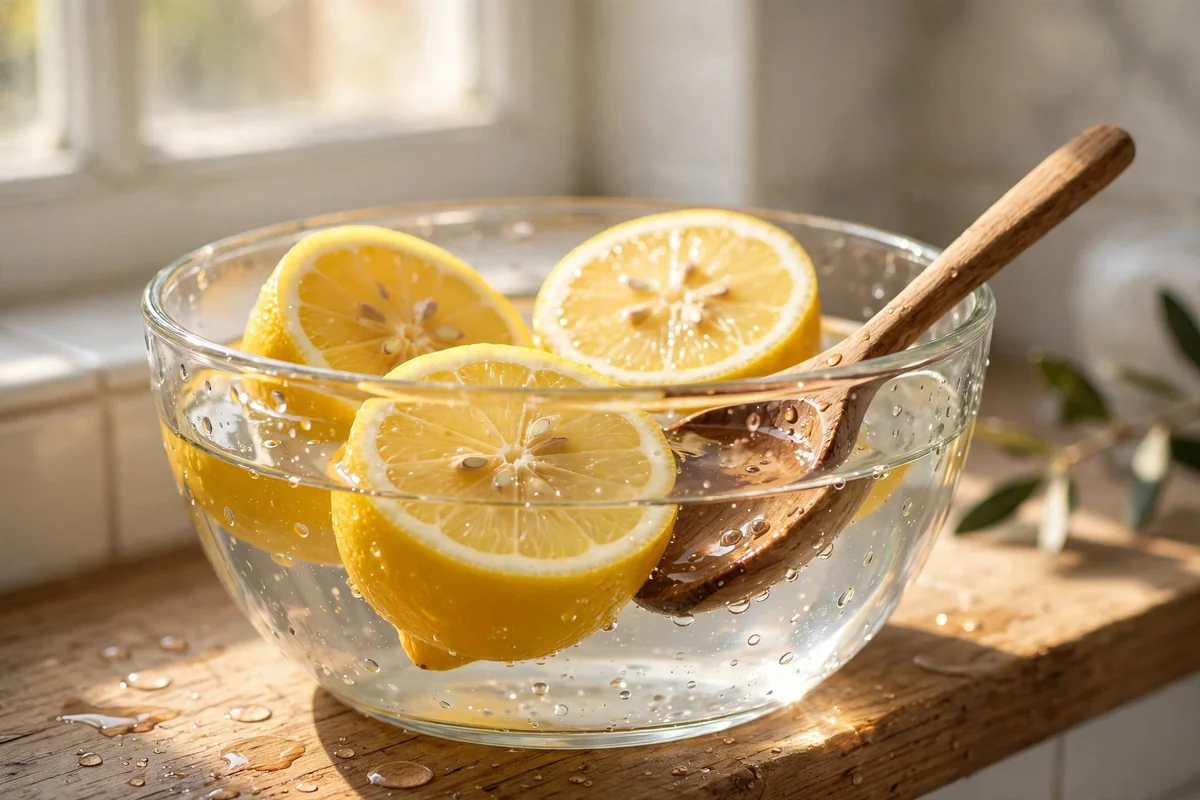 Halved lemons in a glass bowl of water on a sunlit windowsill