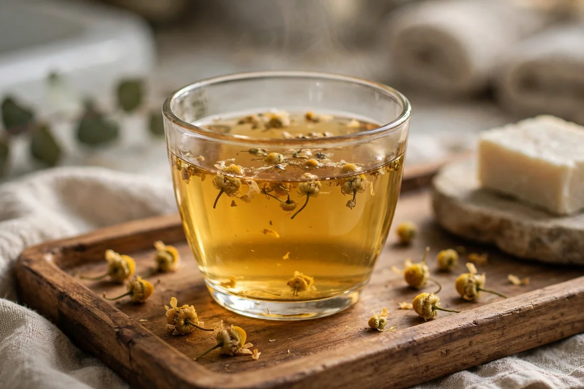 Glass cup of chamomile tea with dried flowers on a wooden tray