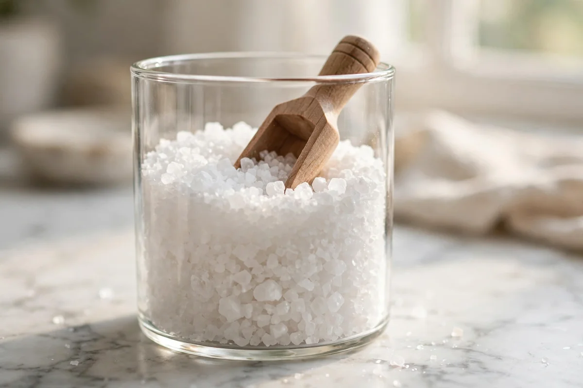 Glass jar of epsom salt crystals with a wooden scoop