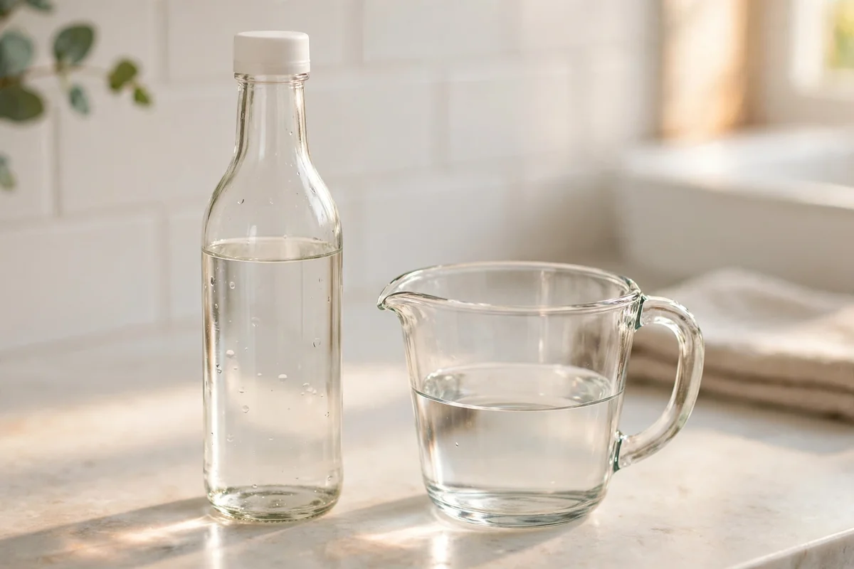 Clear bottle of white vinegar beside a glass measuring cup
