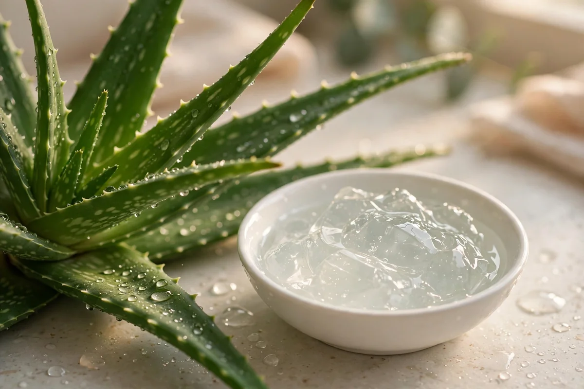Fresh aloe vera leaves beside a bowl of clear aloe gel