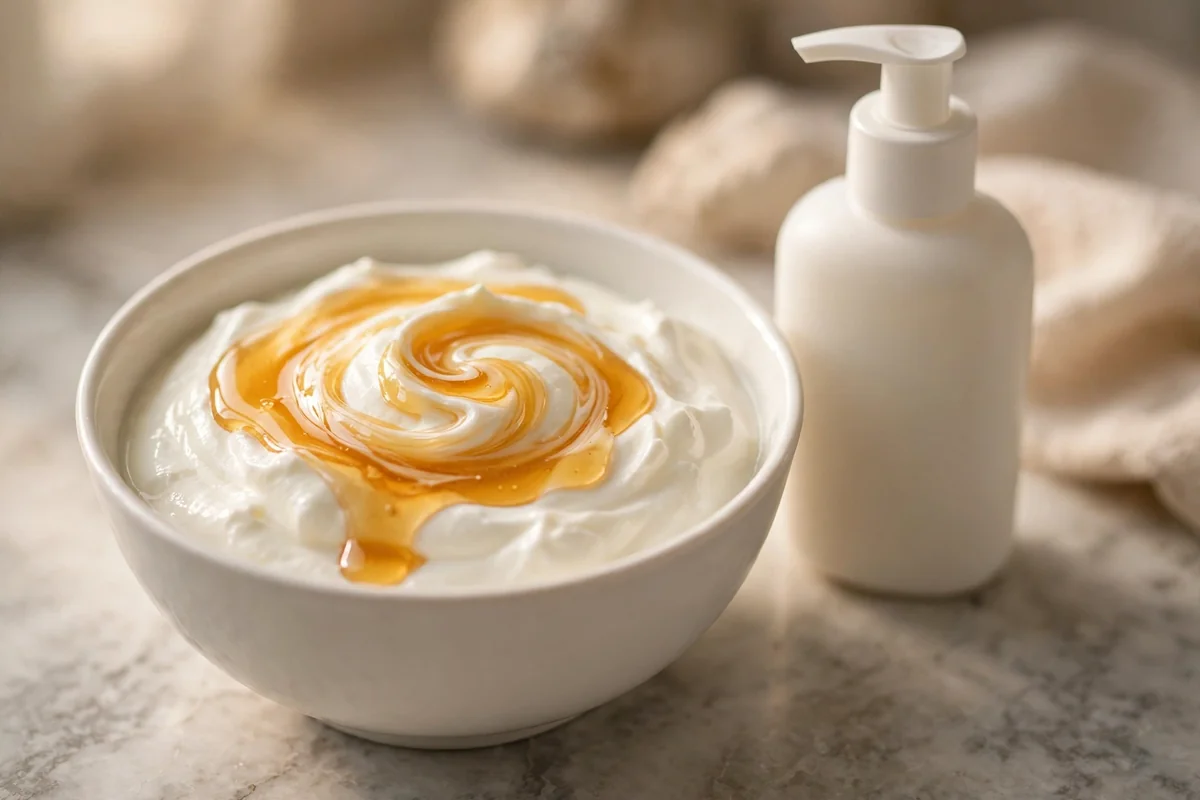 Bowl of plain yogurt with honey beside a shampoo bottle