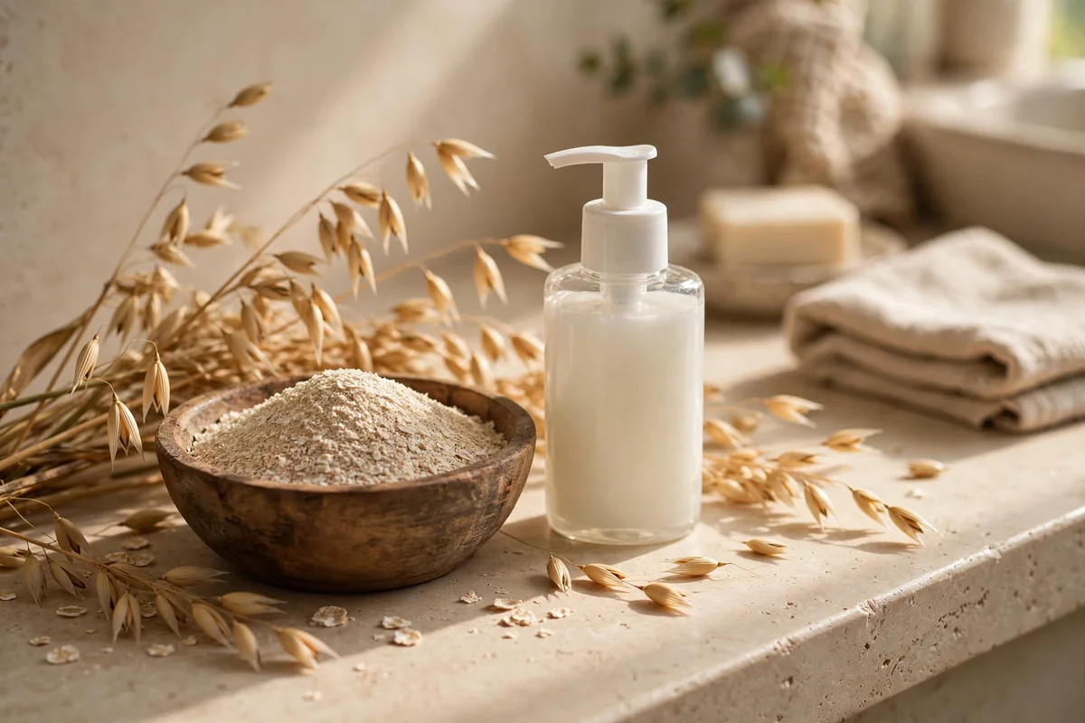 Wooden bowl of ground oatmeal beside a shampoo bottle
