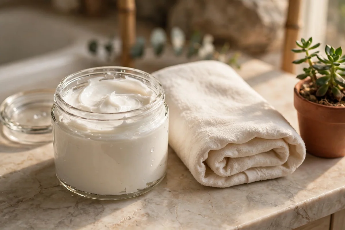 Open jar of deep conditioning mask beside a folded towel and plant