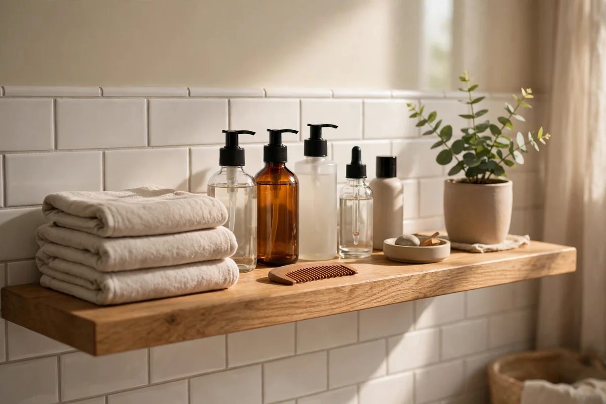 Serene bathroom shelf with neatly arranged hair care bottles and towels