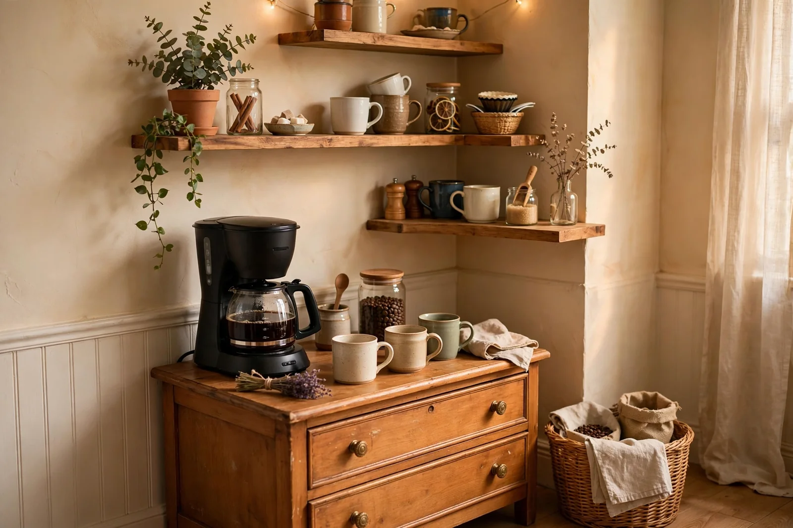 DIY home coffee bar with a small dresser, coffee maker, mugs and floating shelves