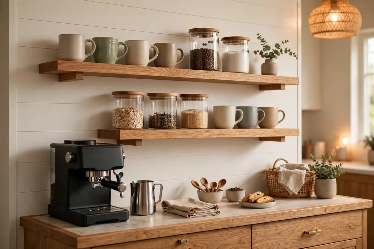 Floating shelves above a coffee bar