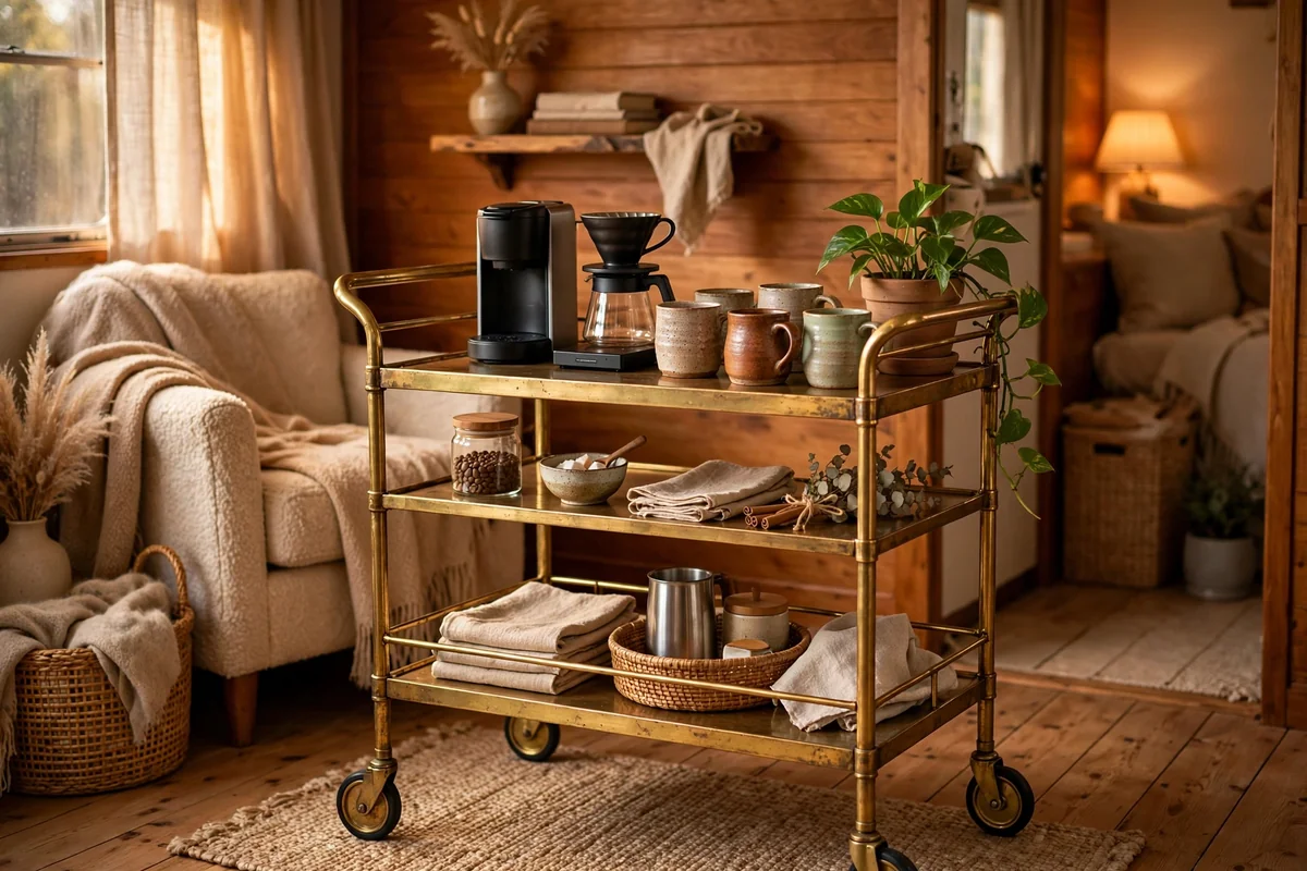 Bar cart repurposed as a coffee bar