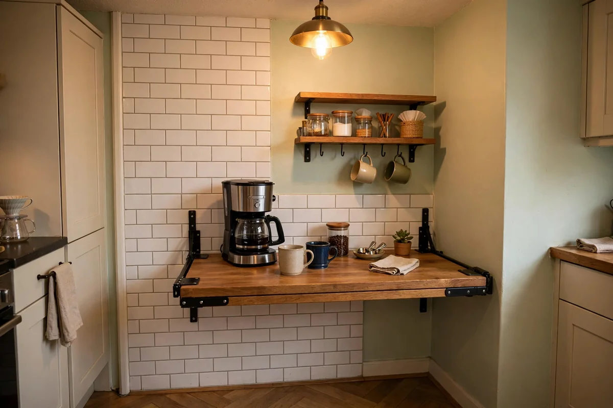 Wall-mounted fold-down coffee bar