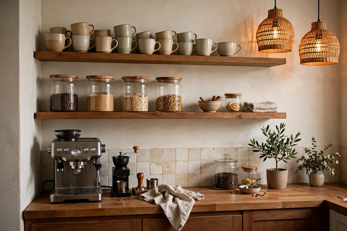Open shelving display for coffee bar