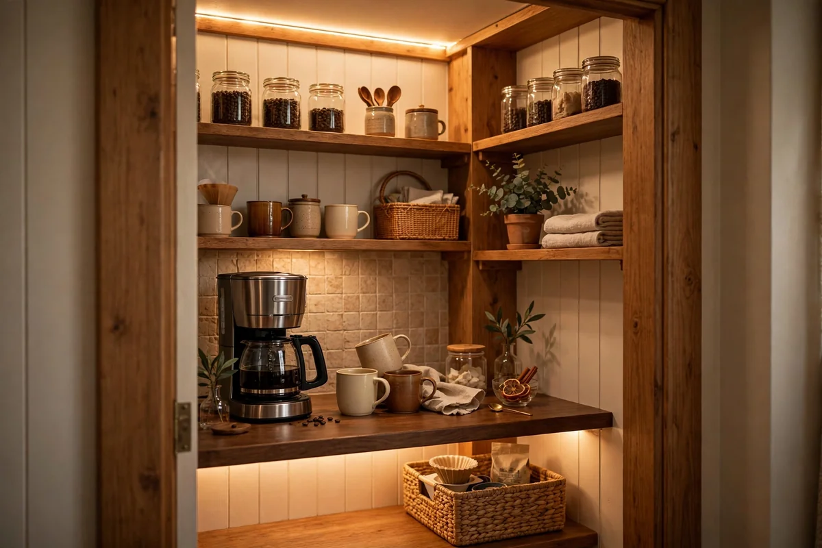 Coffee bar set up inside a closet