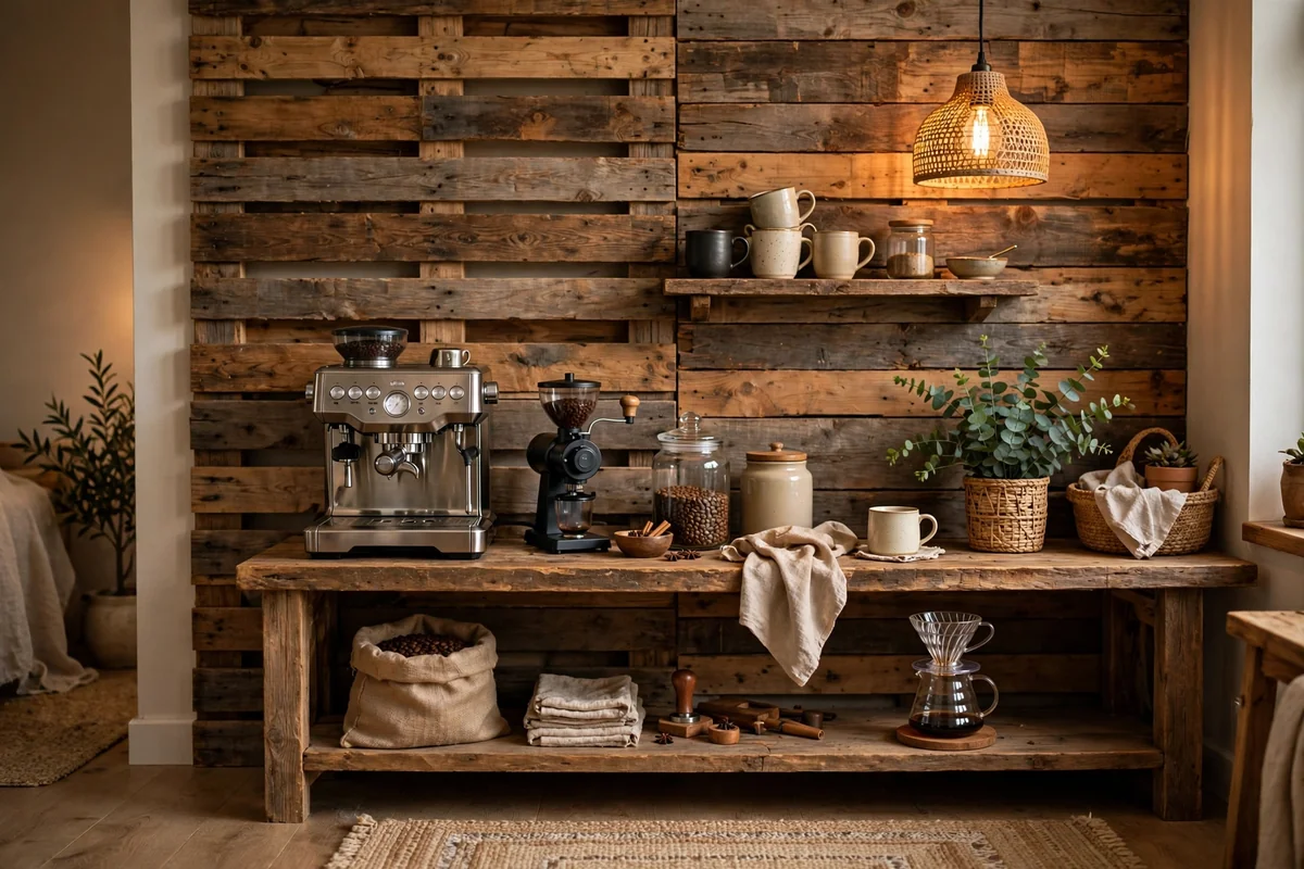 Pallet wood backdrop behind coffee bar