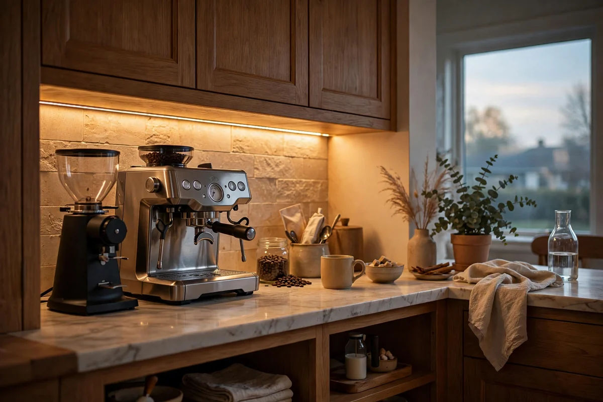 Under-cabinet lighting at coffee bar