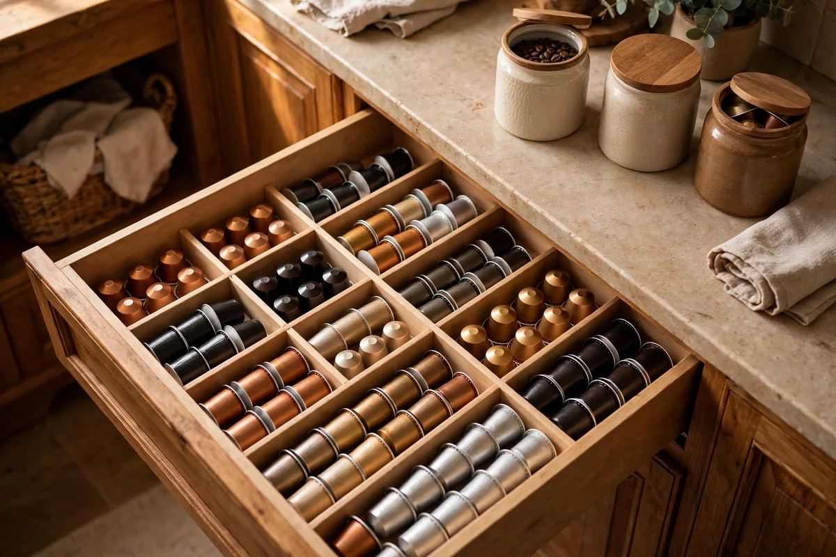 Organized coffee pods at coffee bar