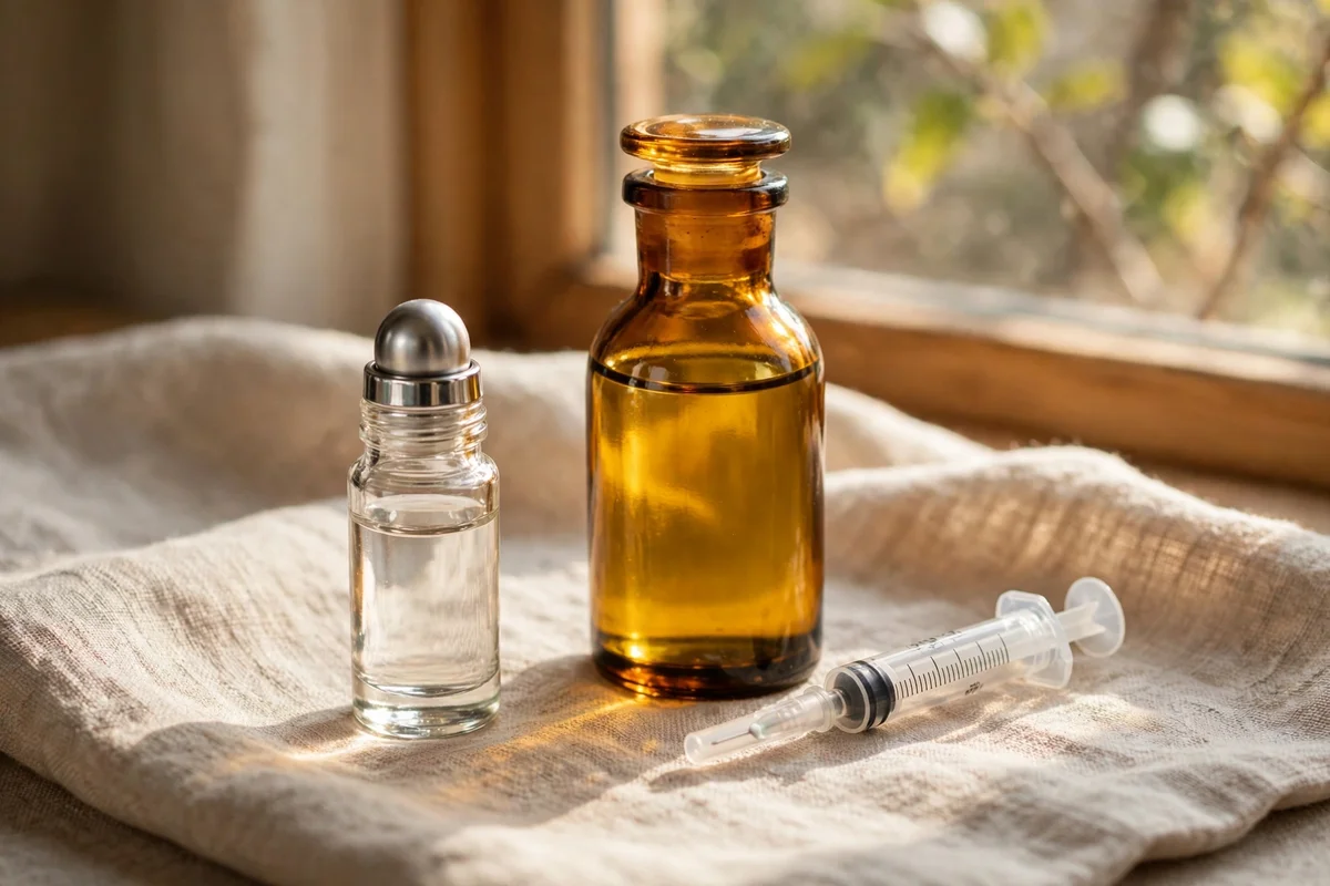 Glass roller bottle and amber jojoba oil bottle on a linen cloth in soft window light