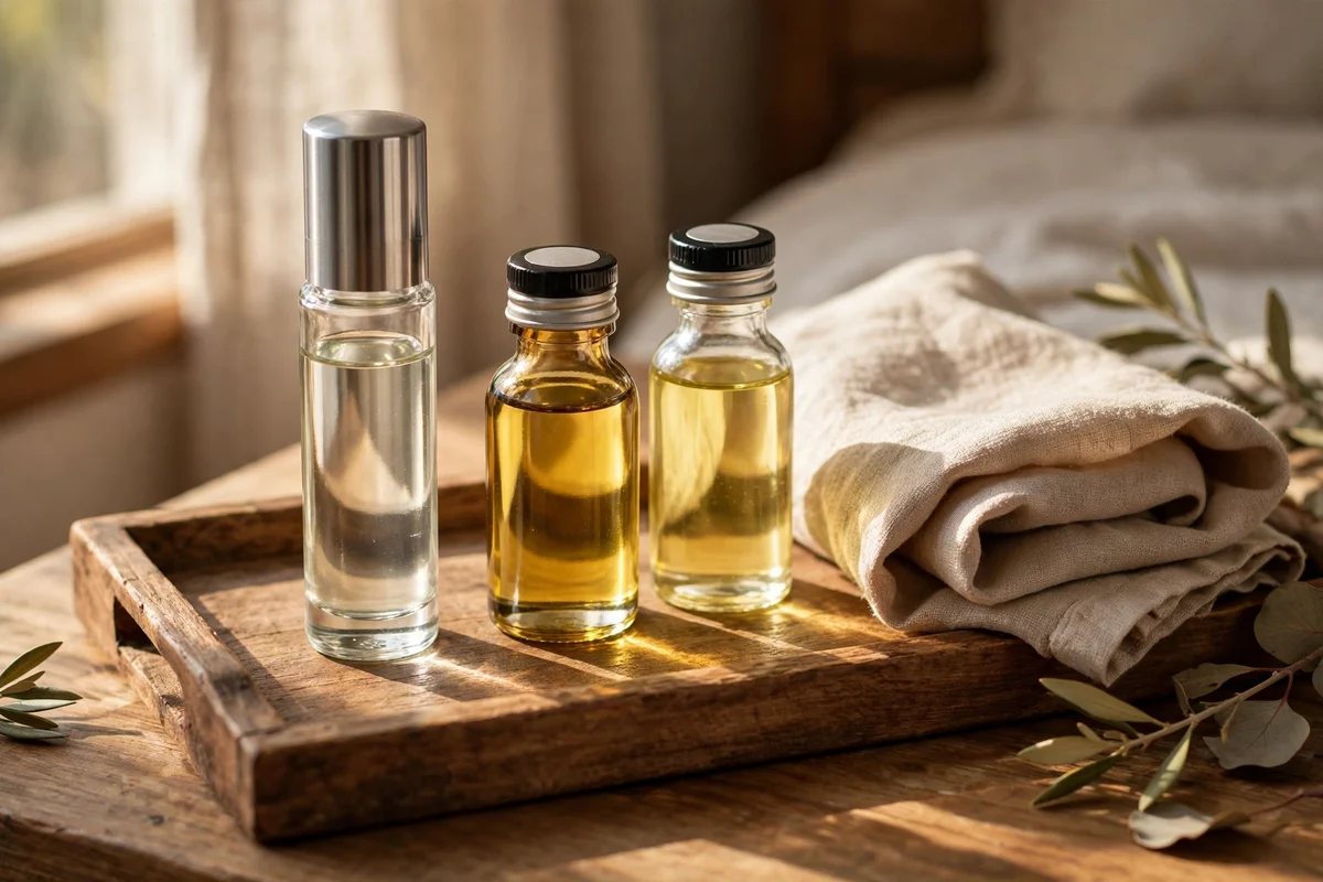 Roller bottle beside sweet almond and castor oil bottles on a wooden bedside tray