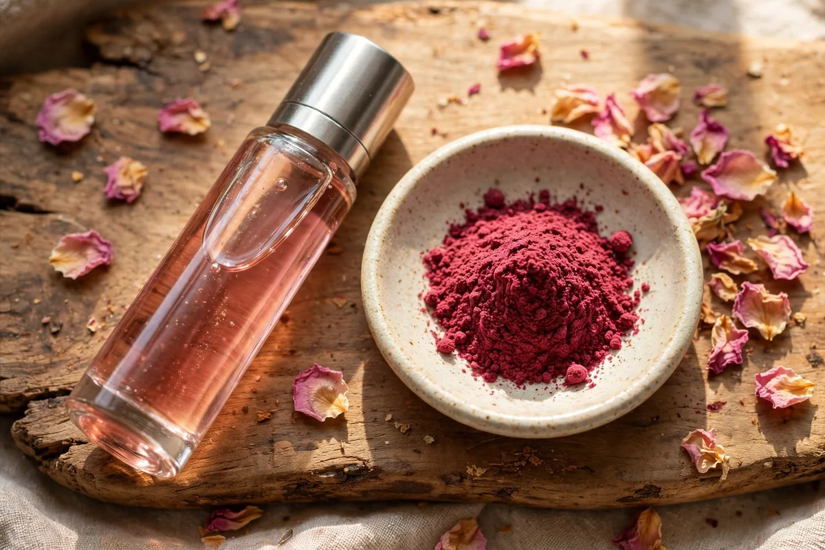 Rosy tinted roller bottle beside beetroot powder in a ceramic dish and dried rose petals