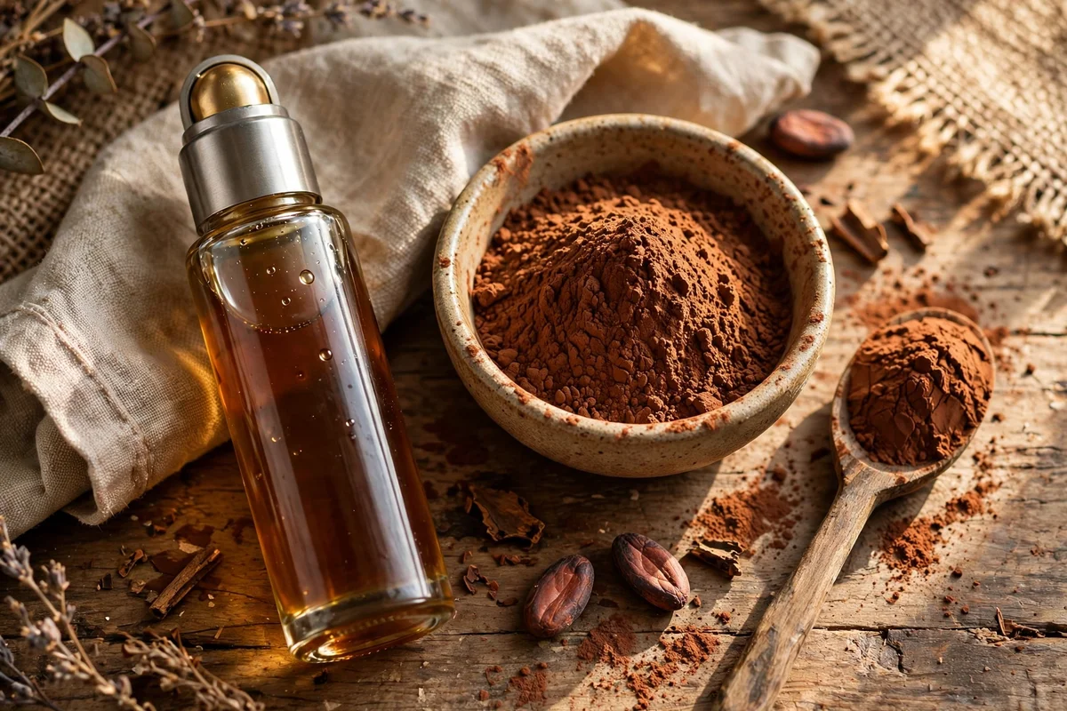 Brown tinted roller bottle beside cocoa powder in a small bowl on a rustic wooden table