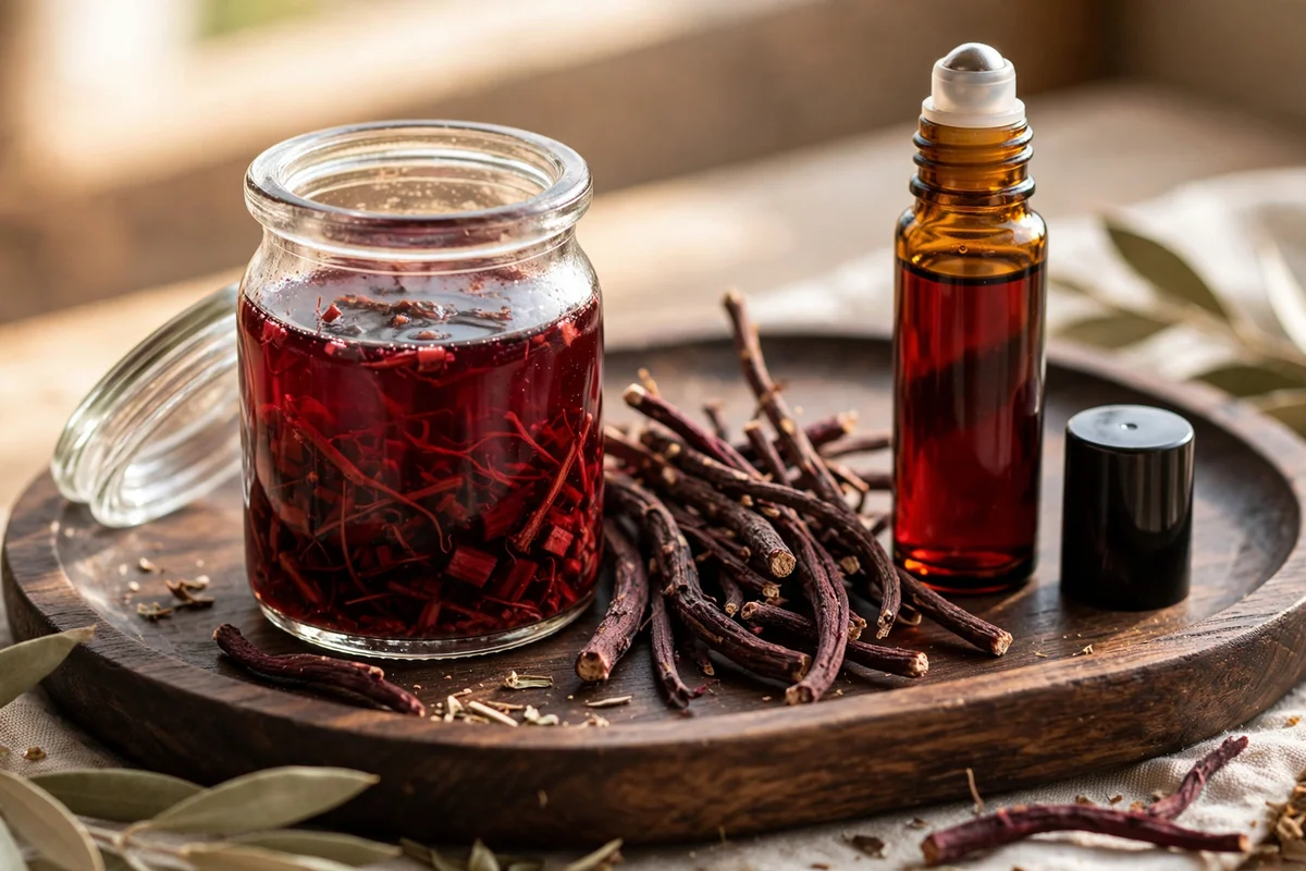 Glass jar of deep red alkanet infusion with dried roots beside a roller bottle