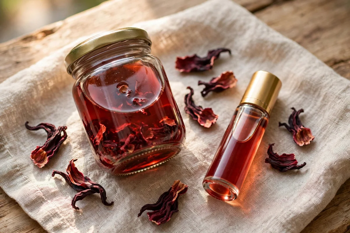 Cranberry tinted oil jar with dried hibiscus petals and a roller bottle on linen