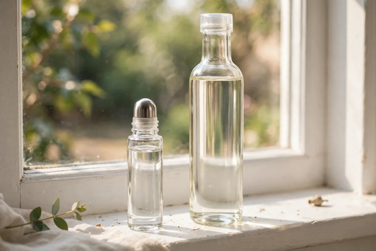 Clear roller bottle beside a tall bottle of fractionated coconut oil on a bright windowsill