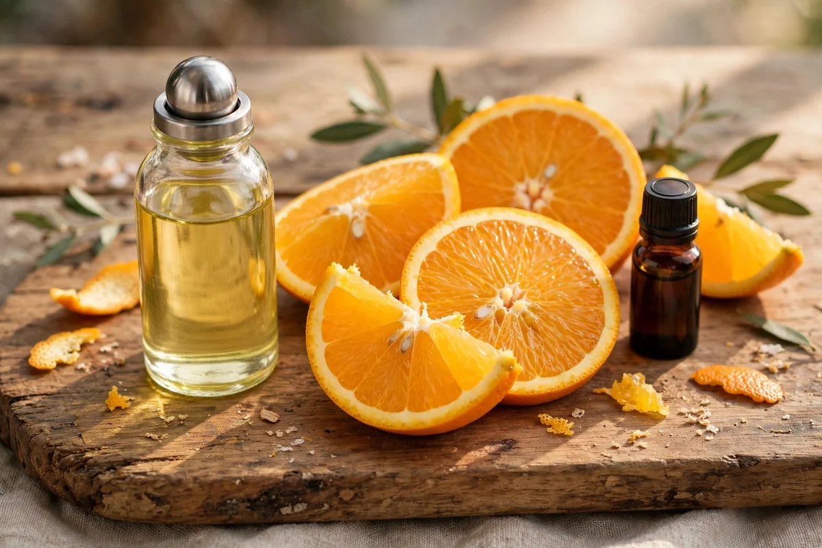 Pale gold roller bottle beside orange slices and a tiny dark sweet orange bottle