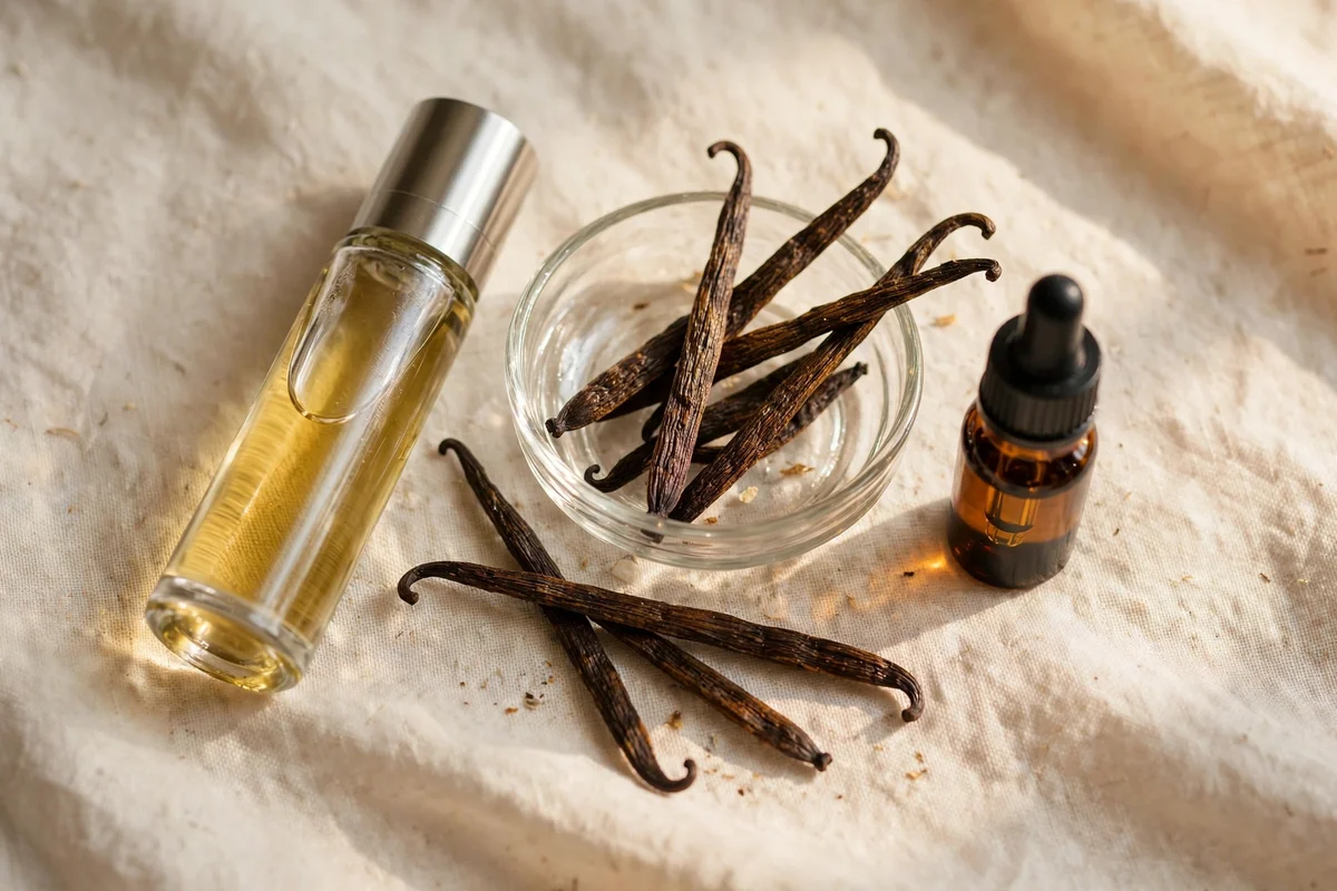 Roller bottle beside vanilla pods in a glass dish and a small amber flavouring bottle