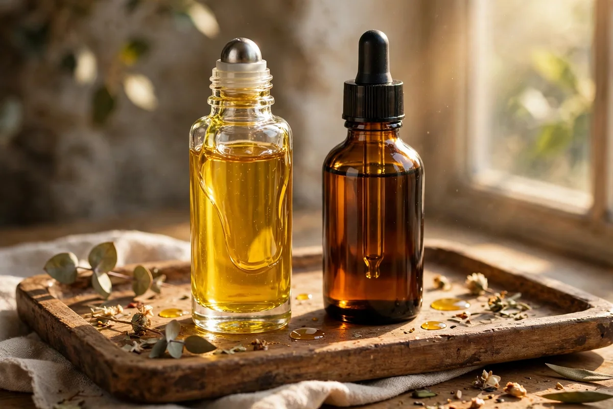 Glossy roller bottle beside amber castor oil bottle catching light on a wooden tray